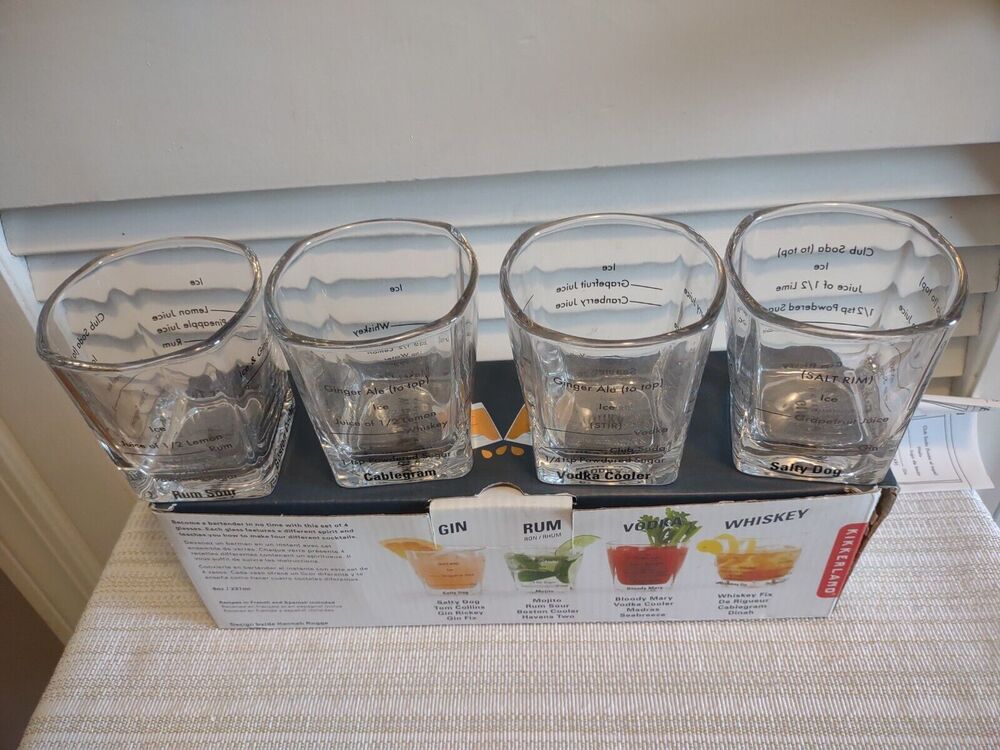 Bartending Glasses (Set Of 4) Kikkerland Recipe Clear Thick Glass & Heavy New